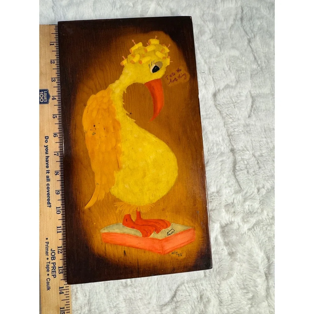 Vtg 1975 Hand Painted Wood Plaque Whimsical Bird I Ate The Whole Thing
